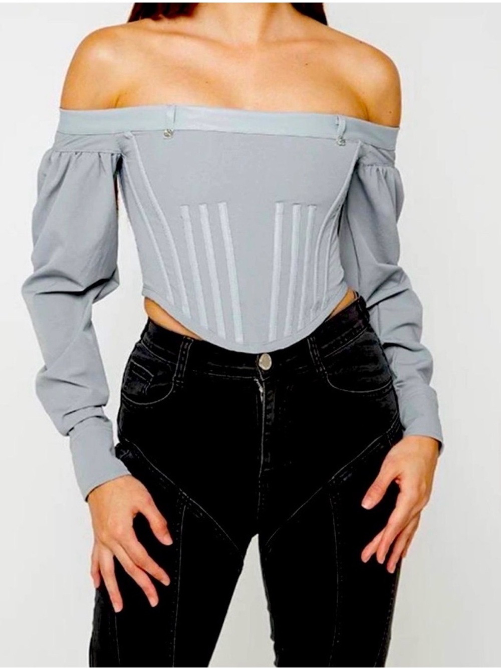 Maniere De Voir Off-Shoulder Corset Top in Light Gray